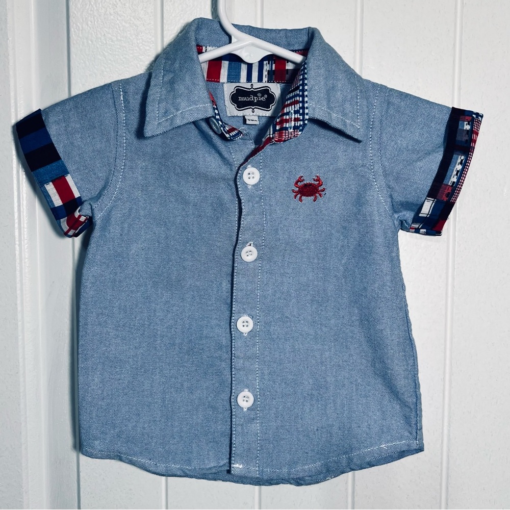 Mud Pie Button Up Casusl Short Sleeve Shirt Blue 0-6 Months